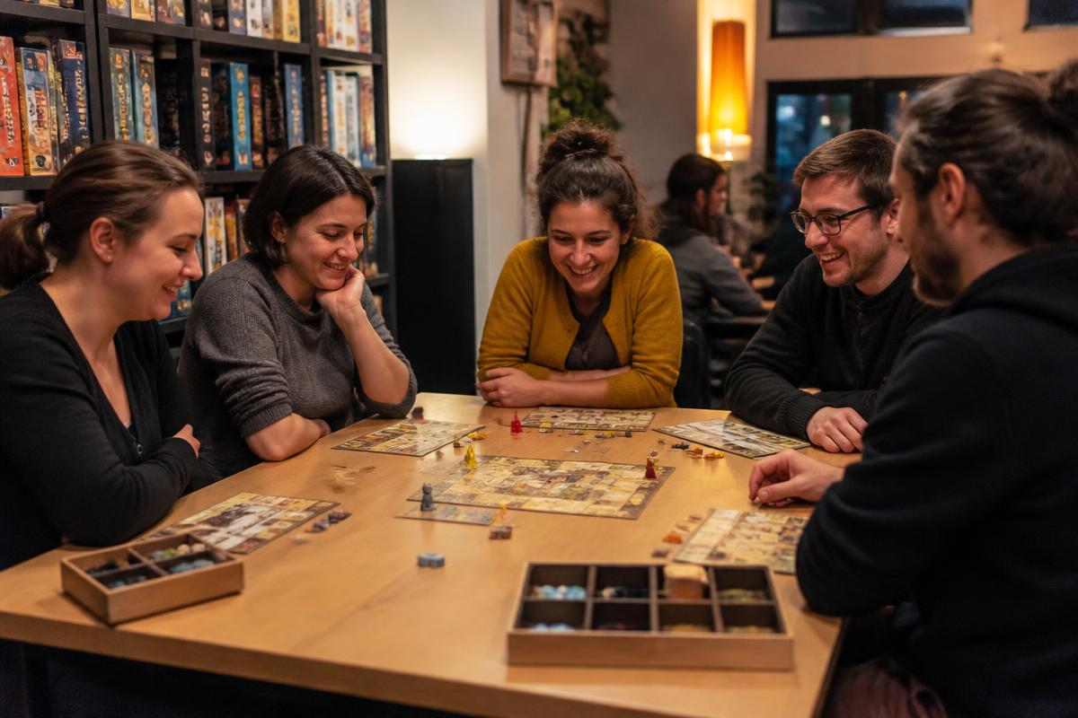 Groupe d'adultes jouant à un jeu de société le soir